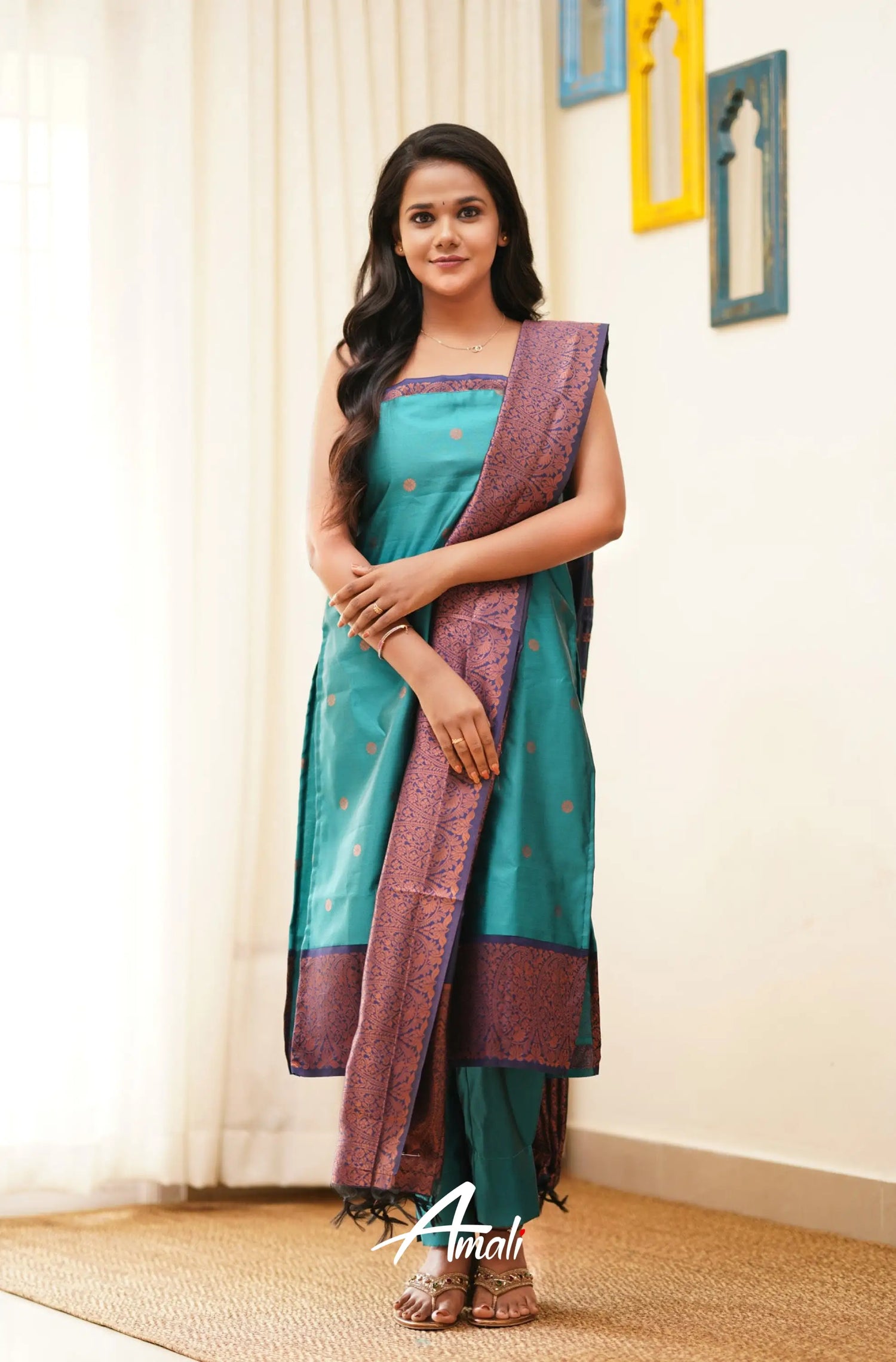 Runi - Anandha Blue With Navy Unstitched Semi Kanchipuram Silk Salwar Salwar