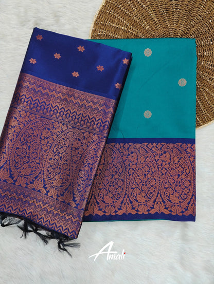 Runi - Anandha Blue With Navy Unstitched Semi Kanchipuram Silk Salwar Salwar