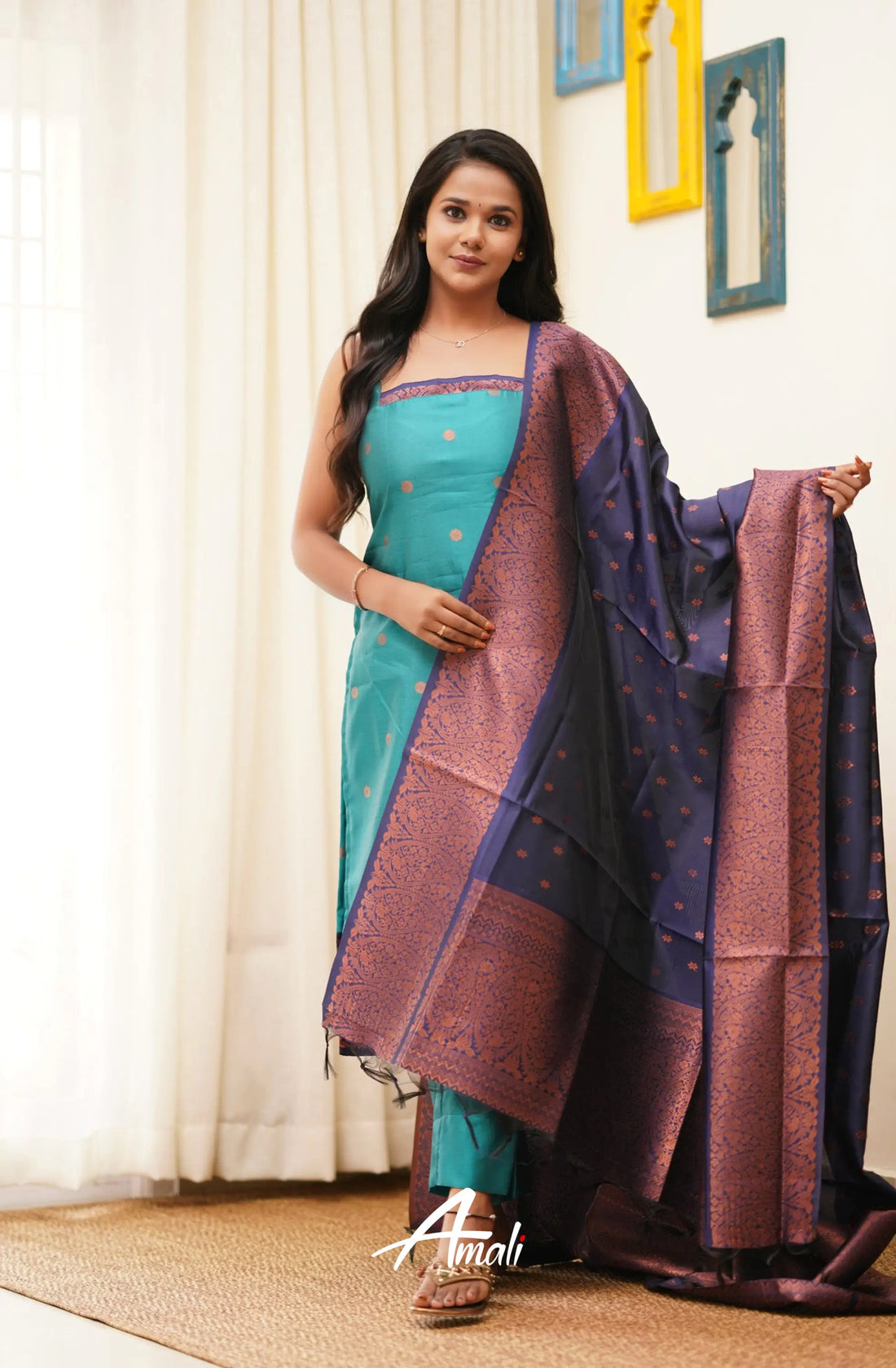 Runi - Anandha Blue With Navy Unstitched Semi Kanchipuram Silk Salwar Salwar