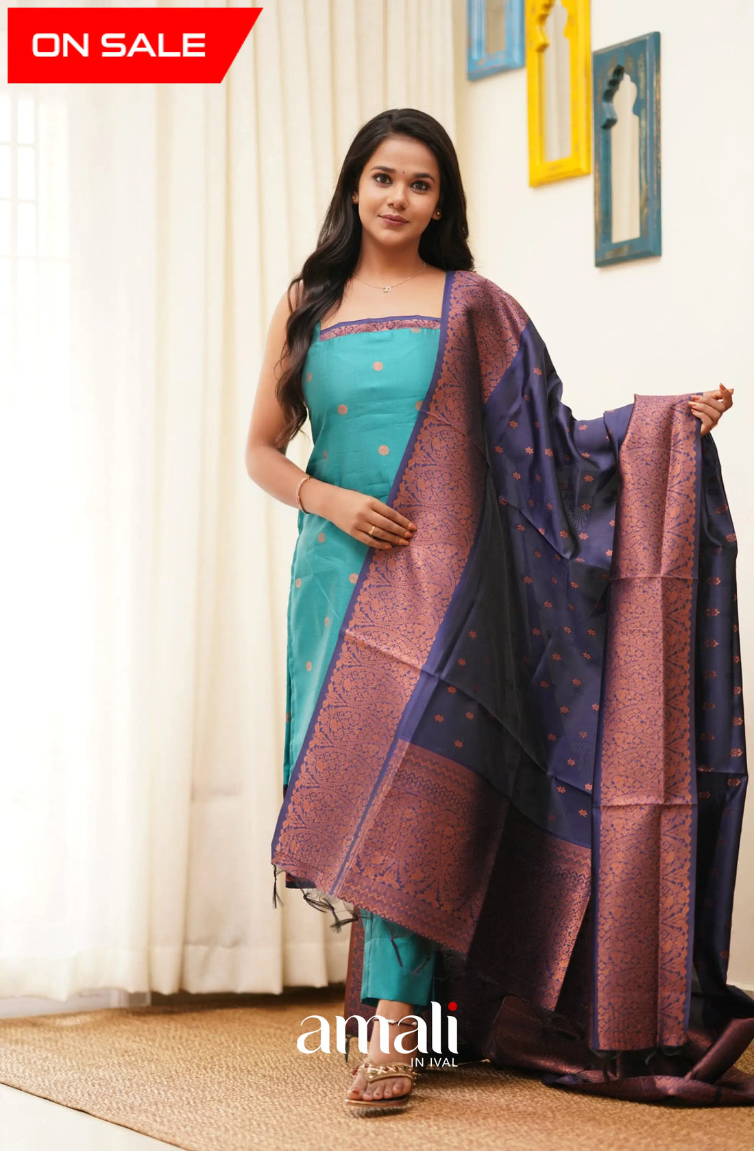 Runi - Anandha Blue With Navy Unstitched Semi Kanchipuram Silk Salwar Salwar