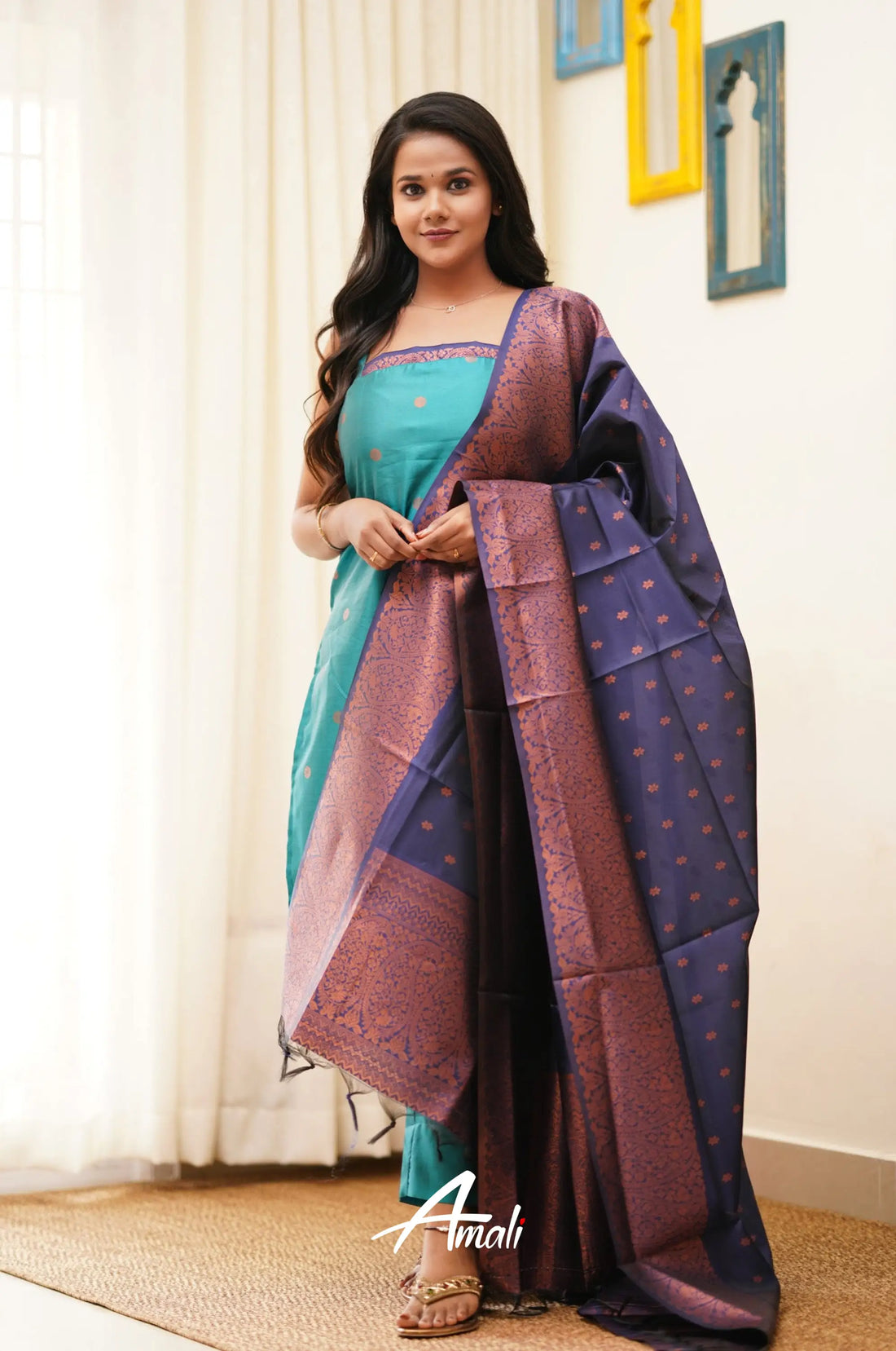 Runi - Anandha Blue With Navy Unstitched Semi Kanchipuram Silk Salwar Salwar