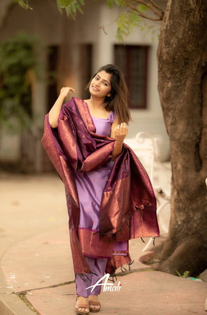 Runi - Lavender With Dark Purple Unstitched Semi Kanchipuram Silk Salwar Salwar