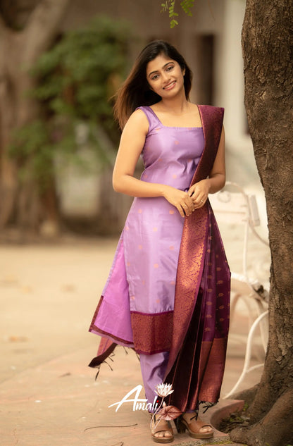 Runi - Lavender With Dark Purple Unstitched Semi Kanchipuram Silk Salwar Salwar