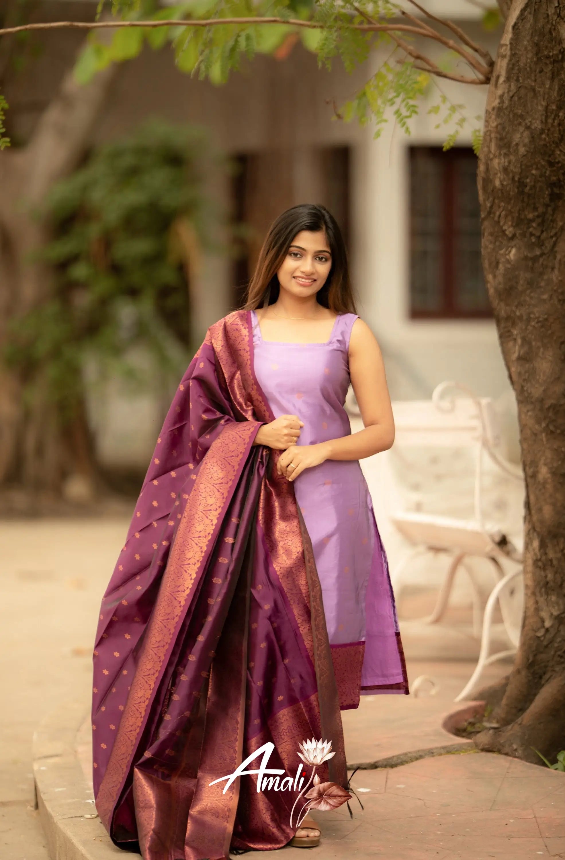 Runi - Lavender With Dark Purple Unstitched Semi Kanchipuram Silk Salwar Salwar