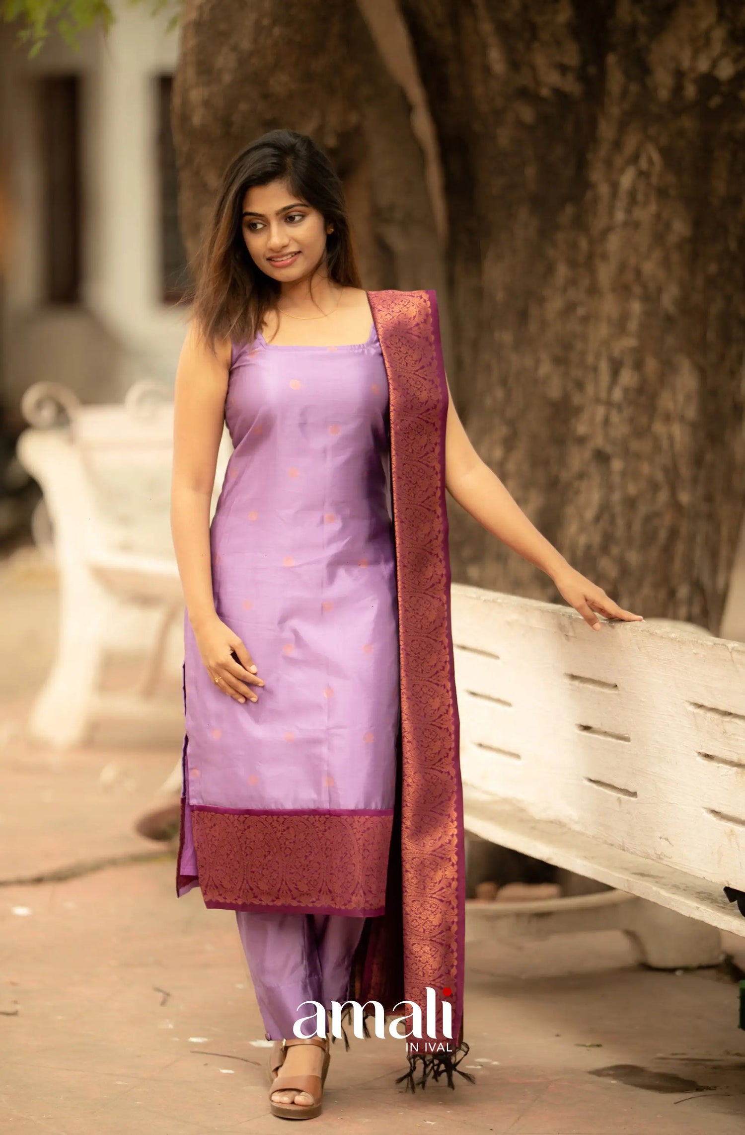 Runi Lavender with Dark Purple Unstitched Semi Kanchipuram Silk