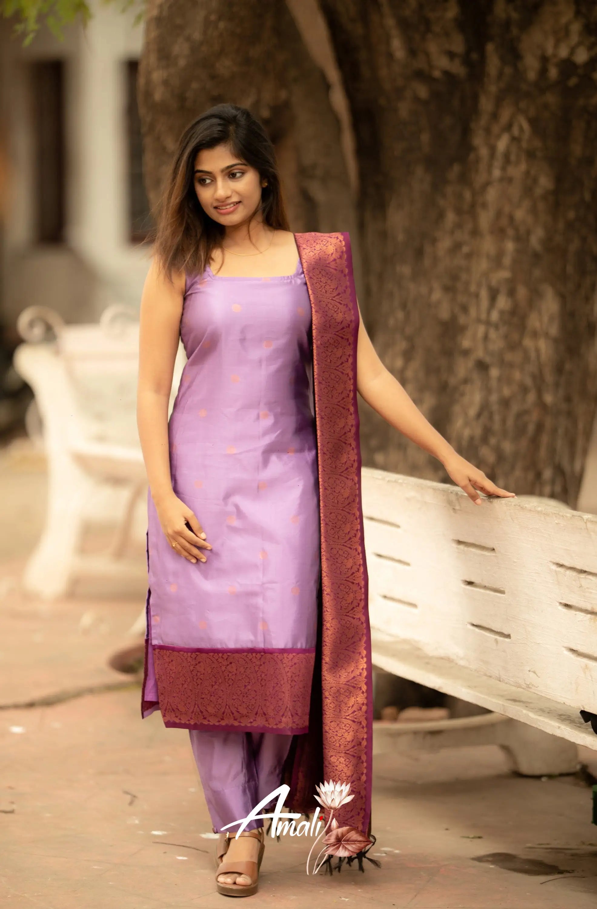 Runi - Lavender With Dark Purple Unstitched Semi Kanchipuram Silk Salwar Salwar