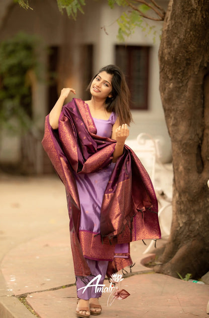 Runi - Lavender With Dark Purple Unstitched Semi Kanchipuram Silk Salwar Salwar