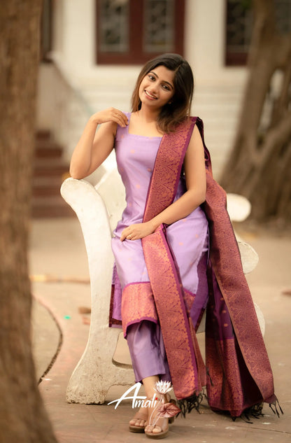 Runi - Lavender With Dark Purple Unstitched Semi Kanchipuram Silk Salwar Salwar