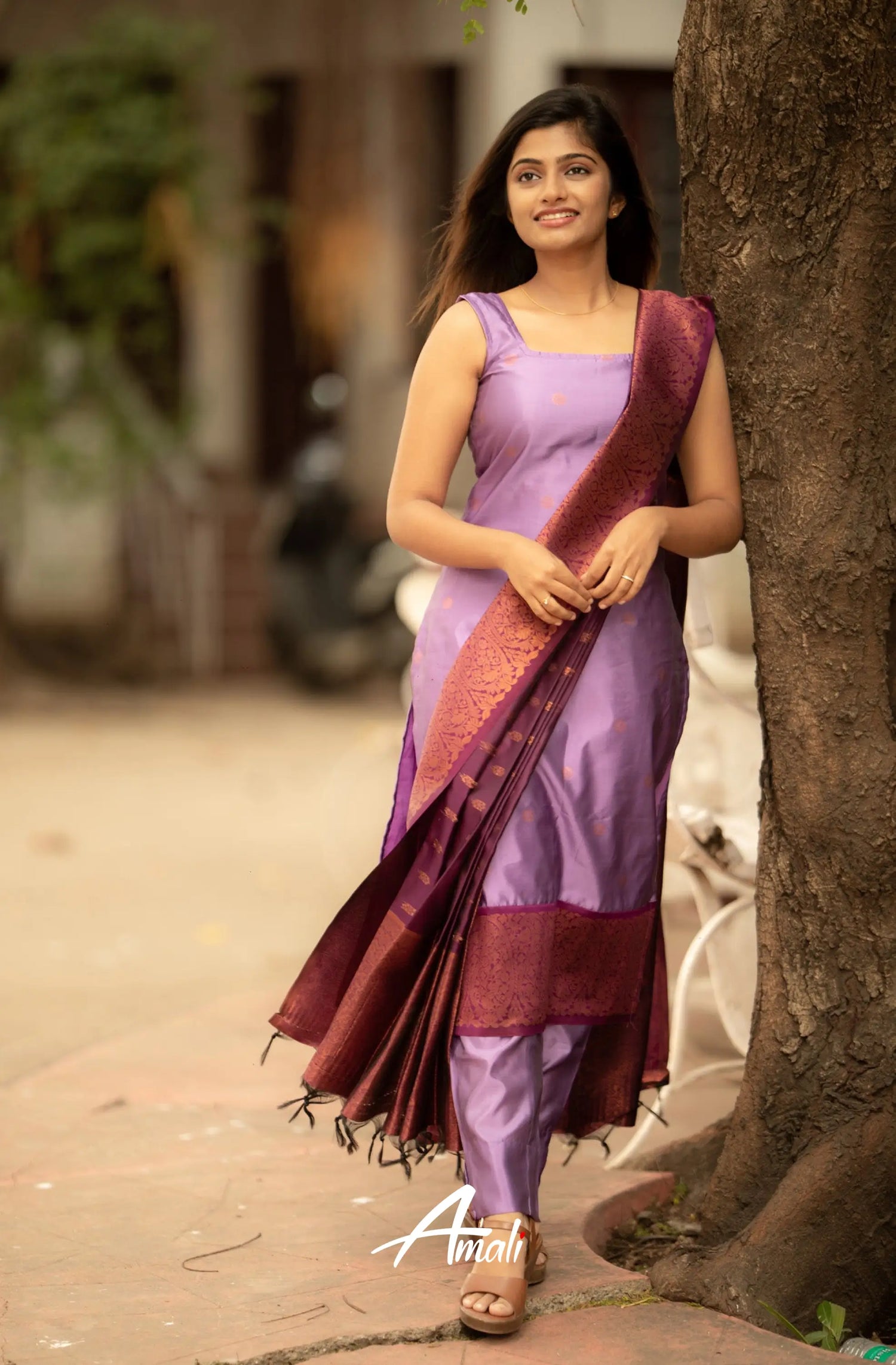 Runi - Lavender With Dark Purple Unstitched Semi Kanchipuram Silk Salwar Salwar