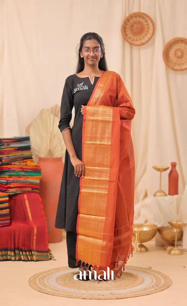 Rust Orange With Gold Chettinad Cotton Dupatta salwar