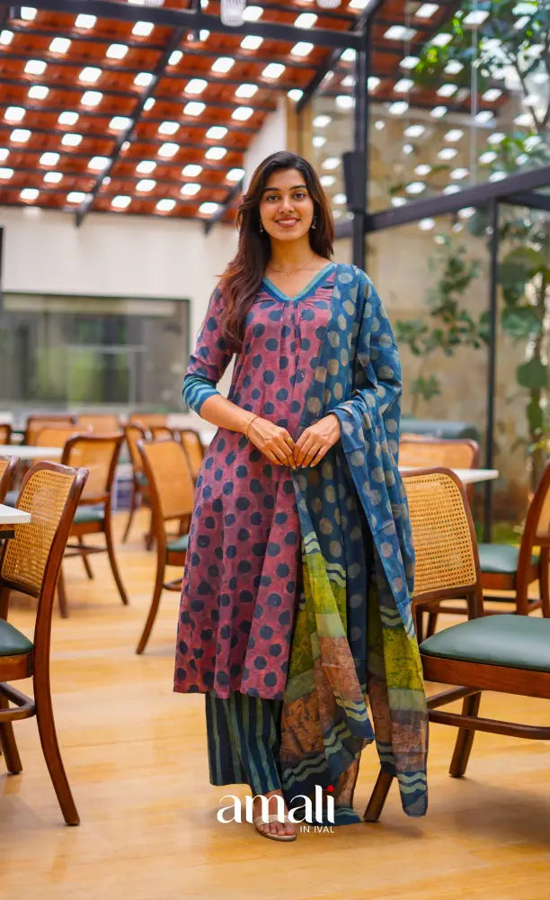 Rust Reddish Pink and Blue shades Jaipur Cotton A-line Salwar Set - salwar