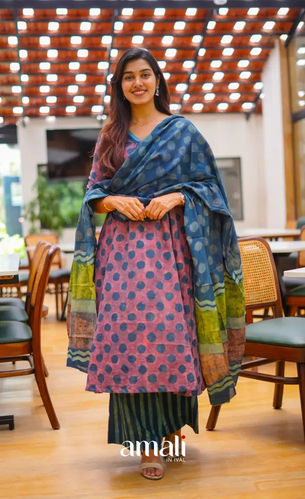Rust Reddish Pink and Blue shades Jaipur Cotton A-line Salwar Set - salwar