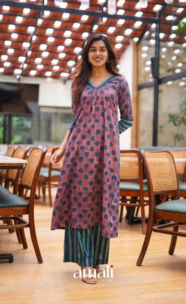 Rust Reddish Pink and Blue shades Jaipur Cotton A-line Salwar Set - salwar