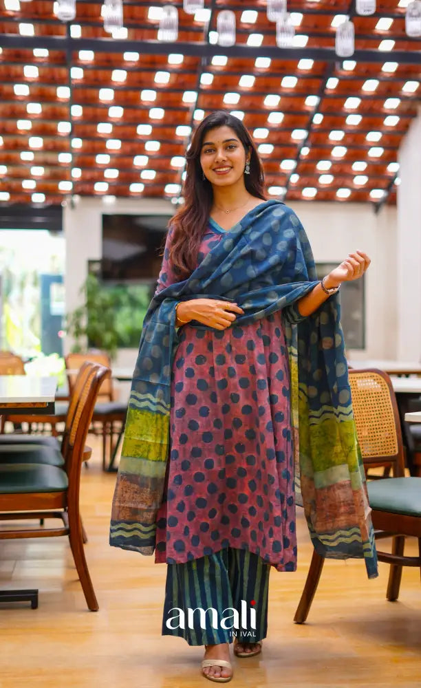 Rust Reddish Pink and Blue shades Jaipur Cotton A-line Salwar Set - salwar