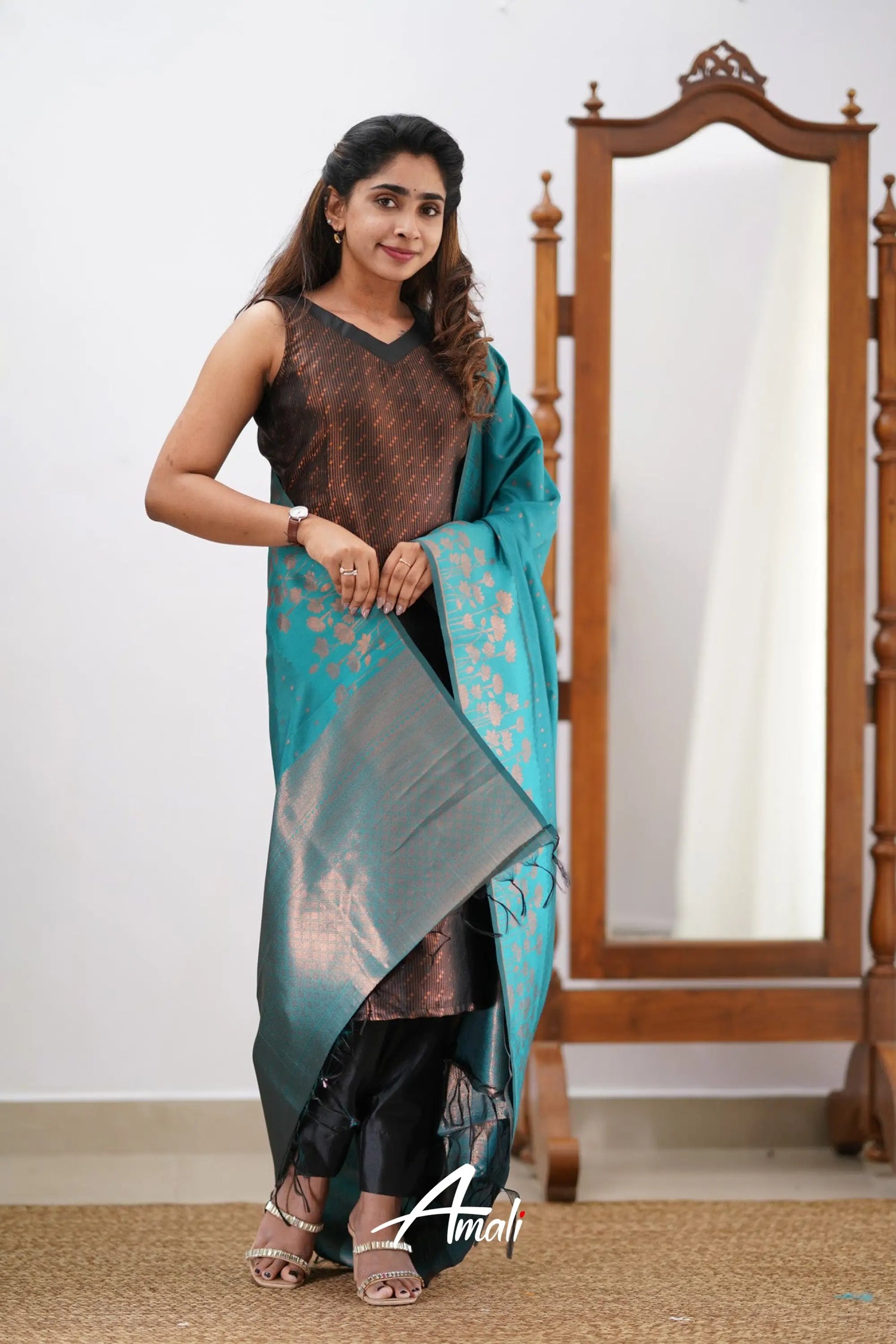 Saara - Black And Teal Semi Kanchipuram Silk Salwar Salwar