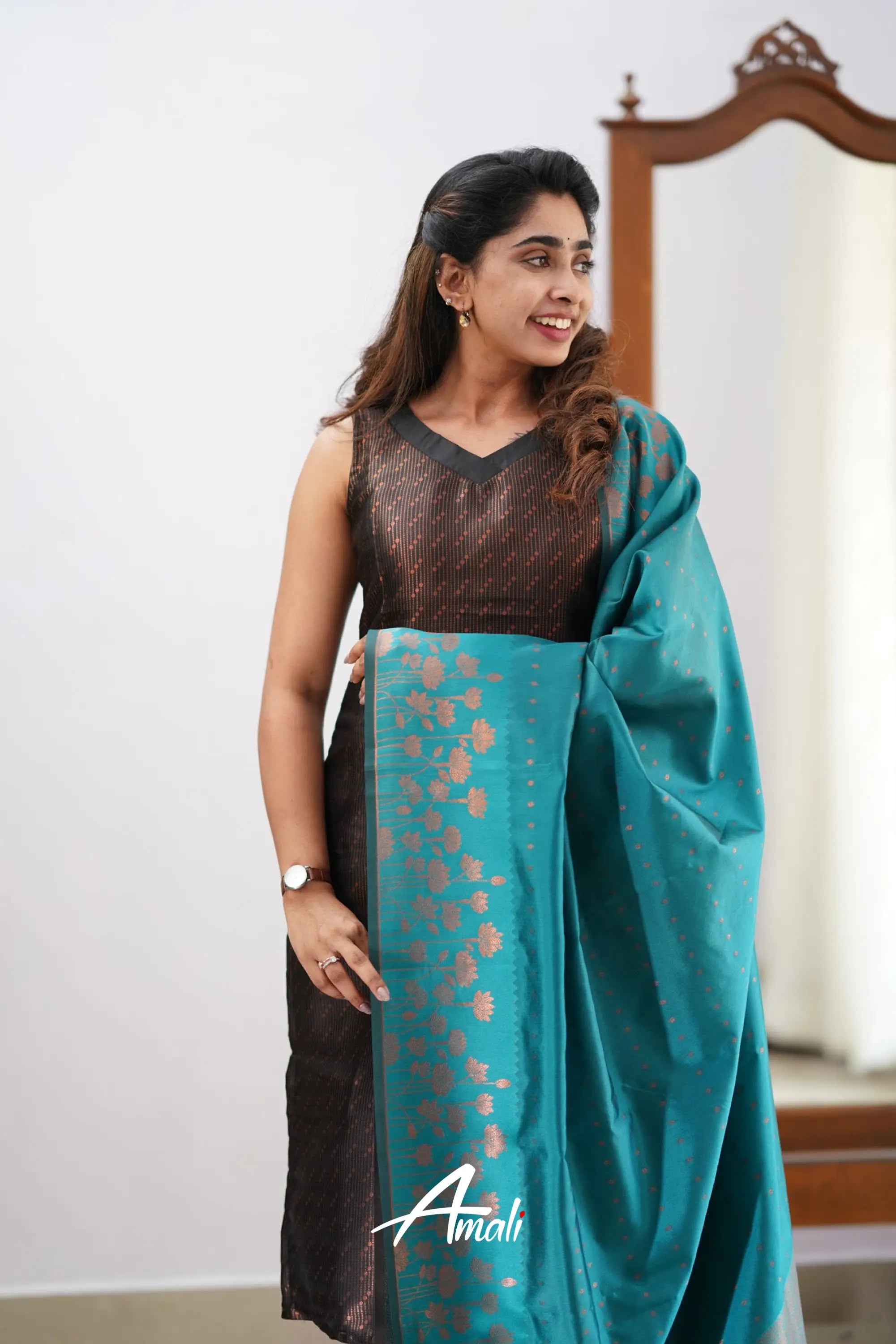 Saara - Black And Teal Semi Kanchipuram Silk Salwar Salwar