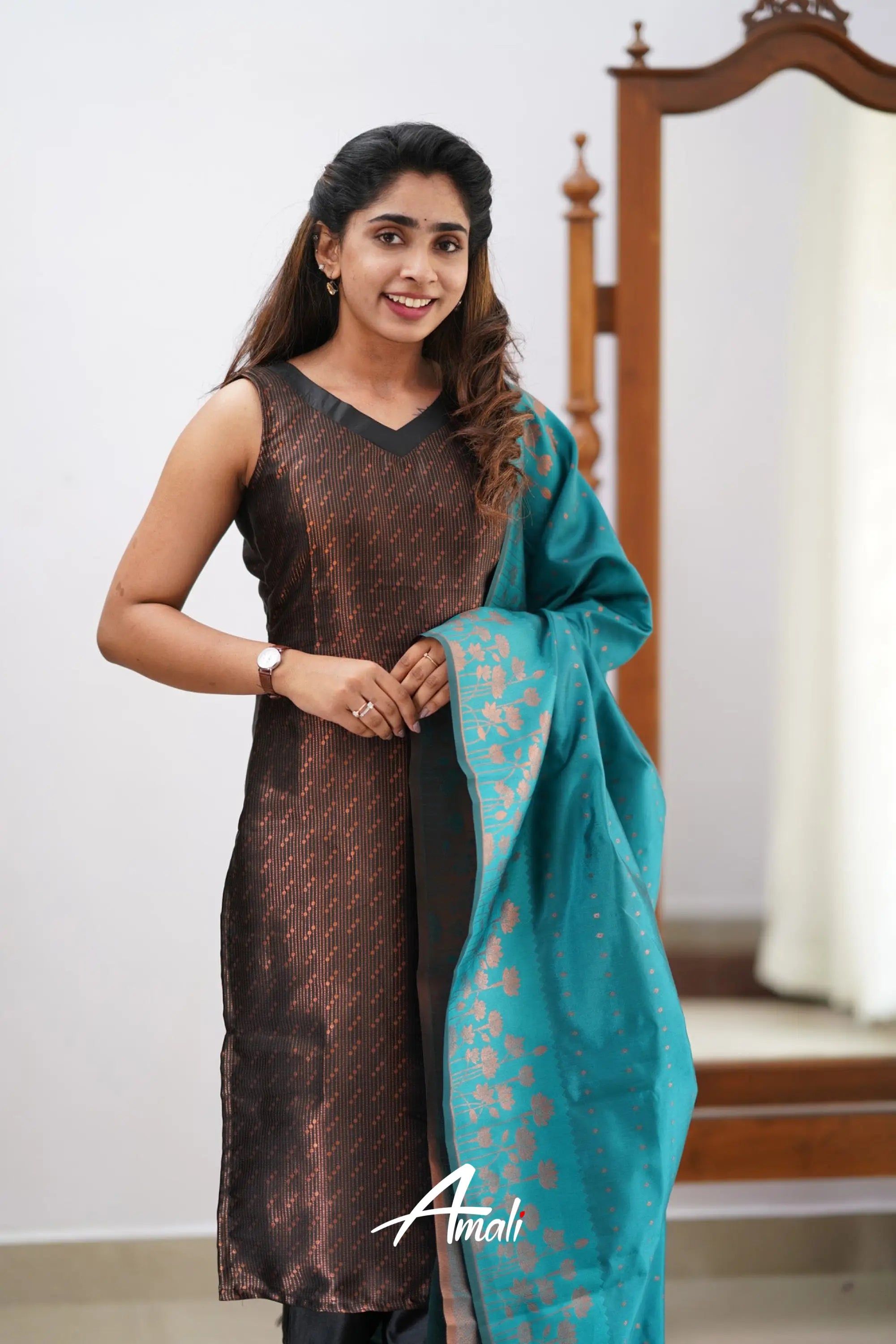 Saara - Black And Teal Semi Kanchipuram Silk Salwar Salwar