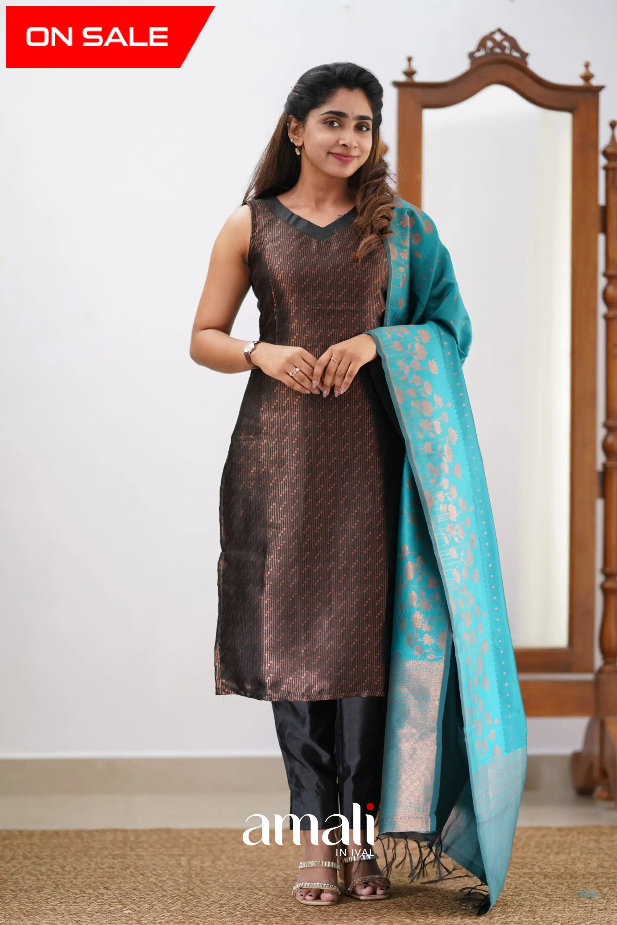 Saara - Black And Teal Semi Kanchipuram Silk Salwar Salwar