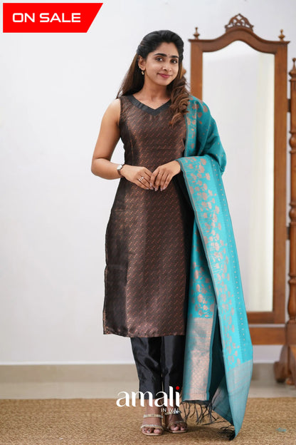 Saara - Black And Teal Semi Kanchipuram Silk Salwar Salwar