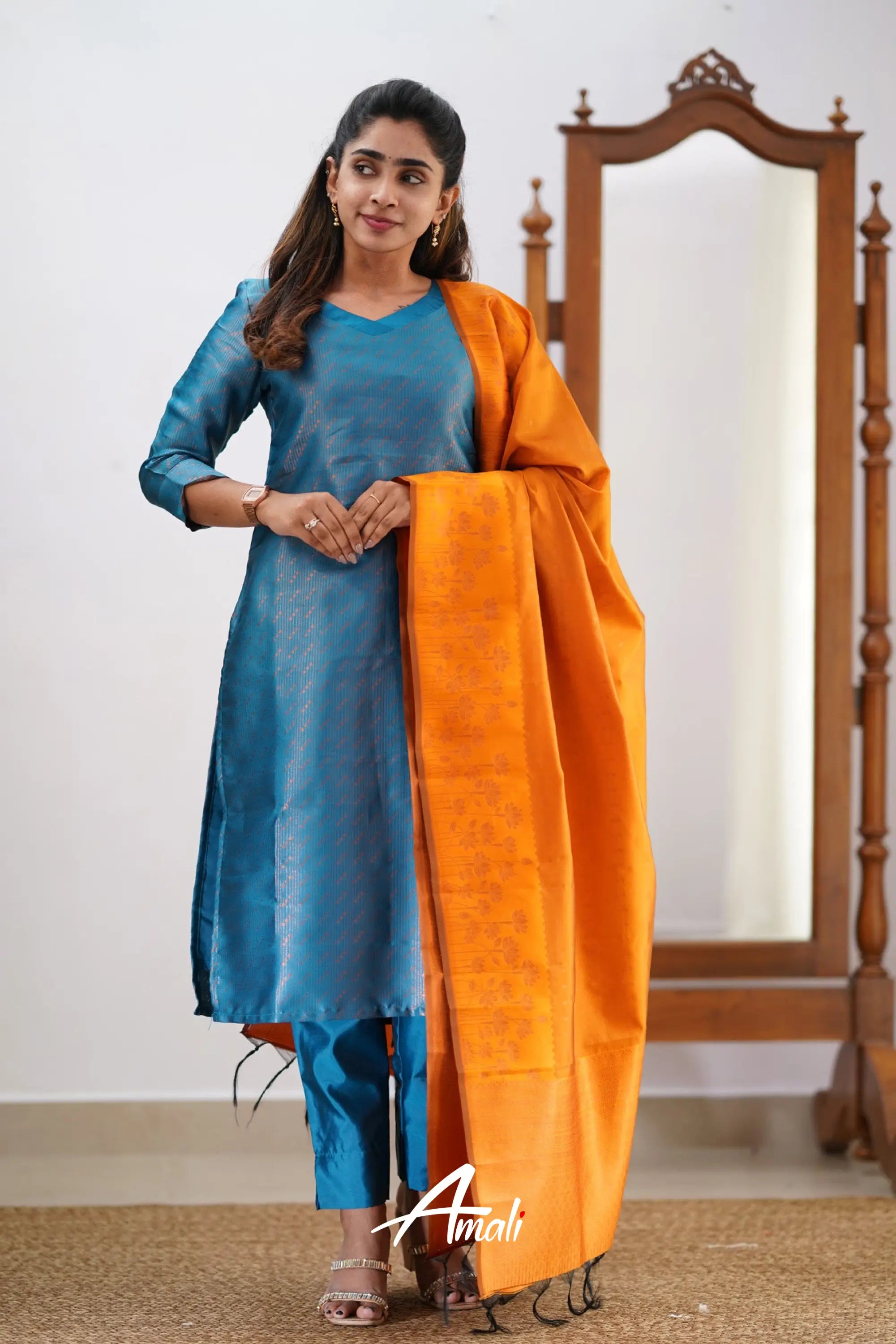 Saara - Blue And Orange Semi Kanchipuram Silk Salwar Salwar