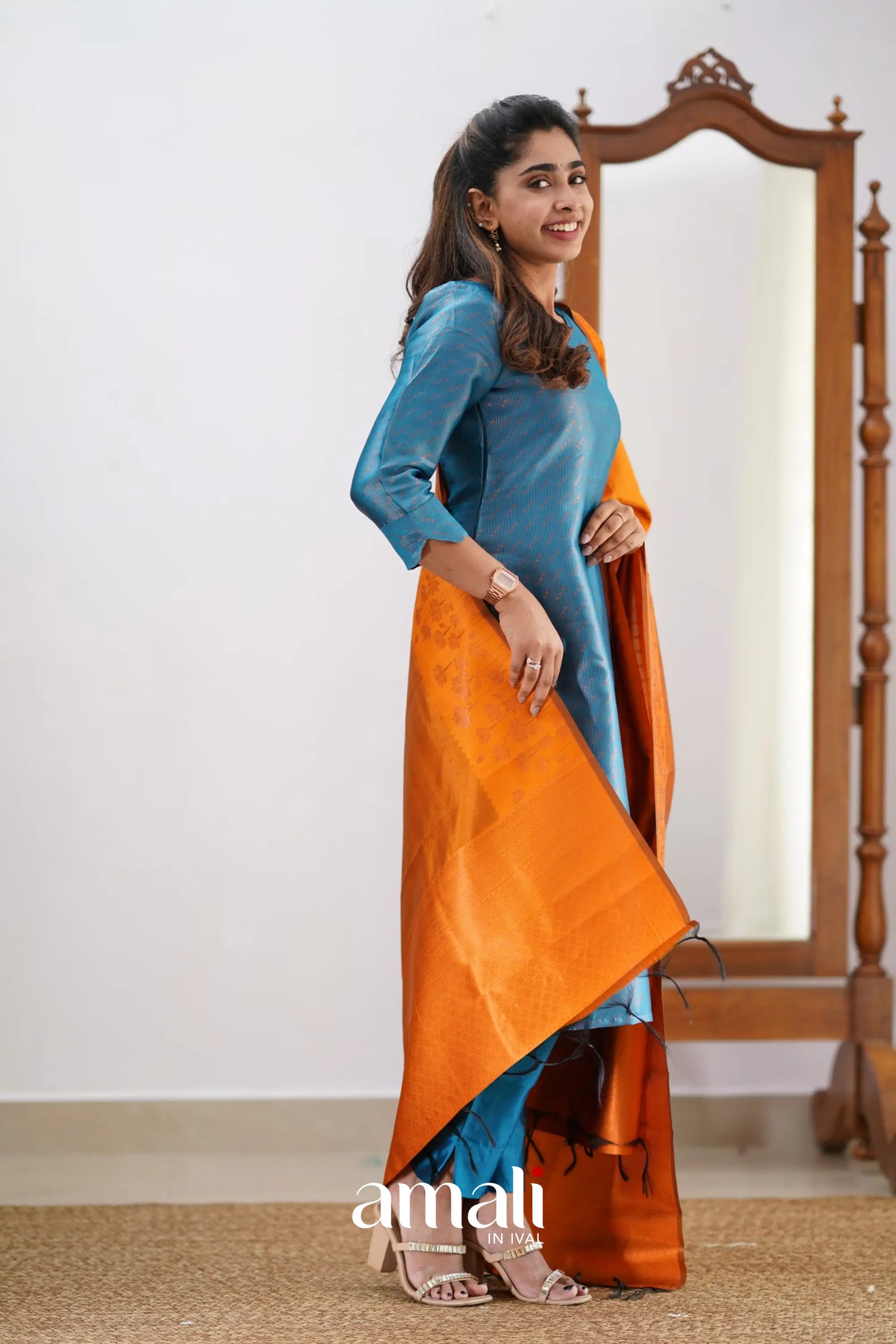Saara - Blue And Orange Semi Kanchipuram Silk Salwar Salwar