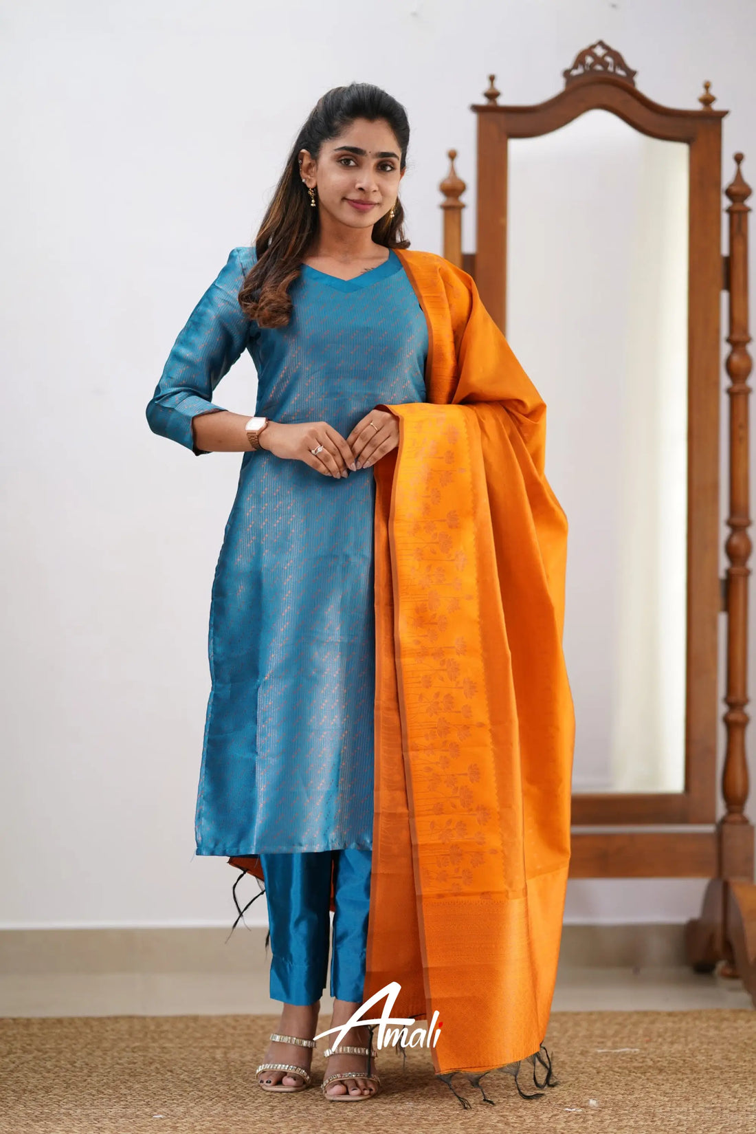 Sanvi - Blue And Orange Semi Kanchipuram Silk Salwar Salwar