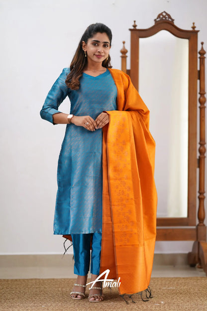 Saara - Blue And Orange Semi Kanchipuram Silk Salwar Salwar