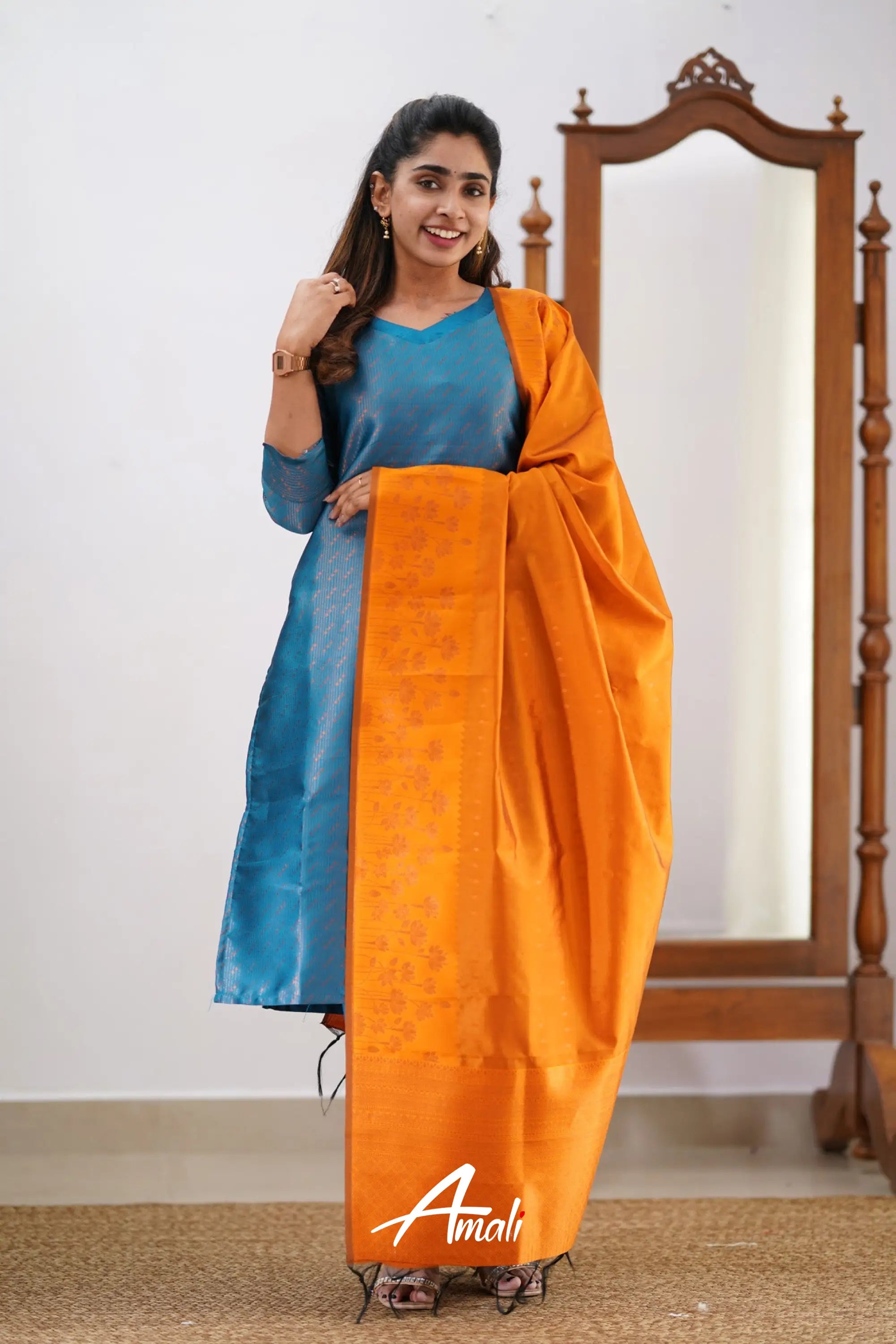 Saara - Blue And Orange Semi Kanchipuram Silk Salwar Salwar