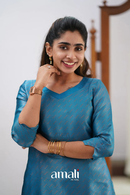 Saara - Blue And Orange Semi Kanchipuram Silk Salwar Salwar