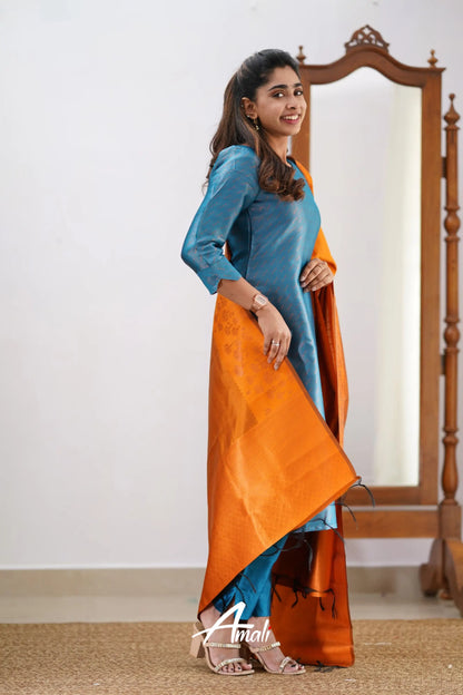 Saara - Blue And Orange Semi Kanchipuram Silk Salwar Salwar