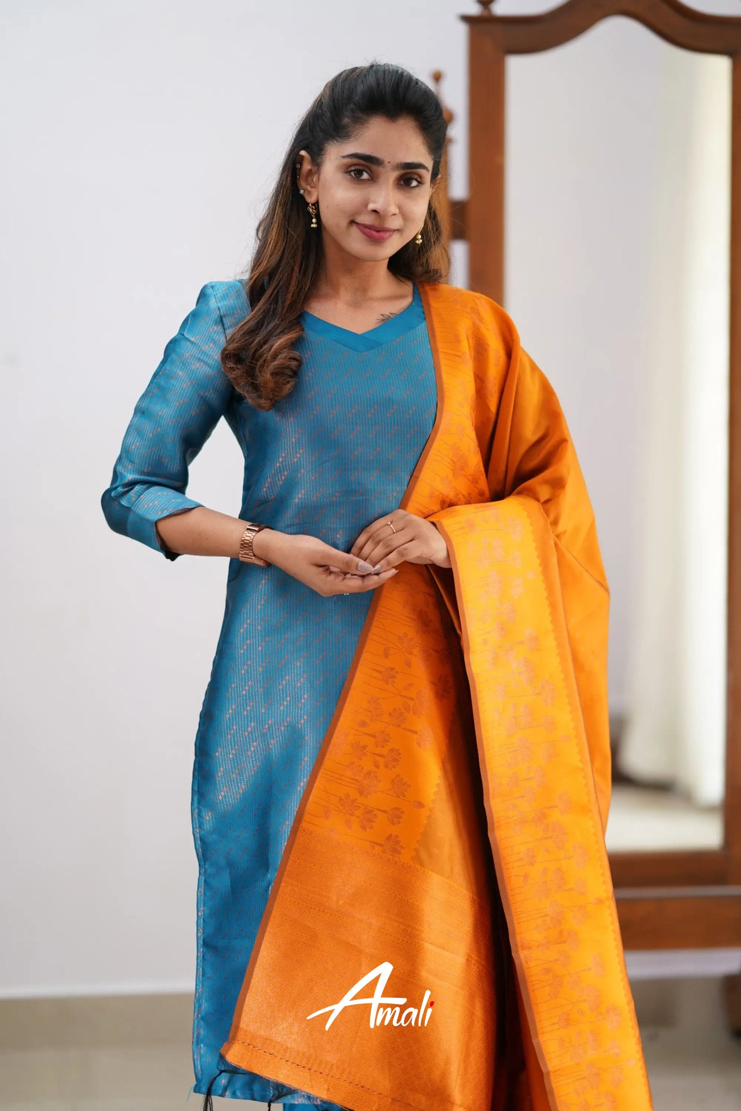 Saara - Blue And Orange Semi Kanchipuram Silk Salwar Salwar