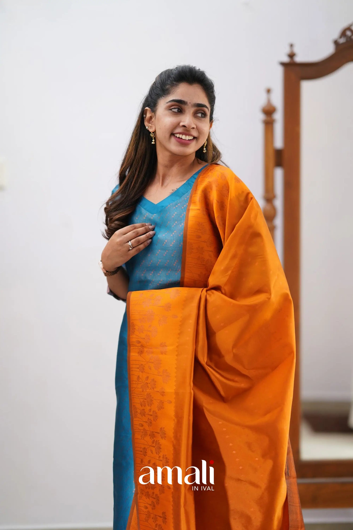 Saara - Blue And Orange Semi Kanchipuram Silk Salwar Salwar