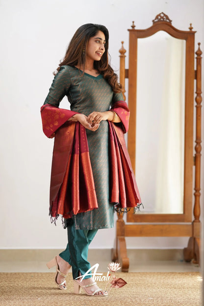 Saara - Dark Green And Maroon Semi Kanchipuram Silk Salwar Salwar