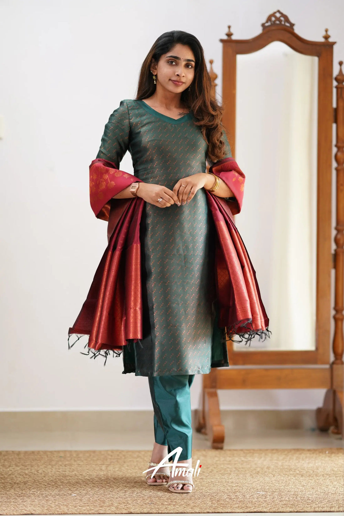 Sanvi - Dark Green And Maroon Semi Kanchipuram Silk Salwar Salwar