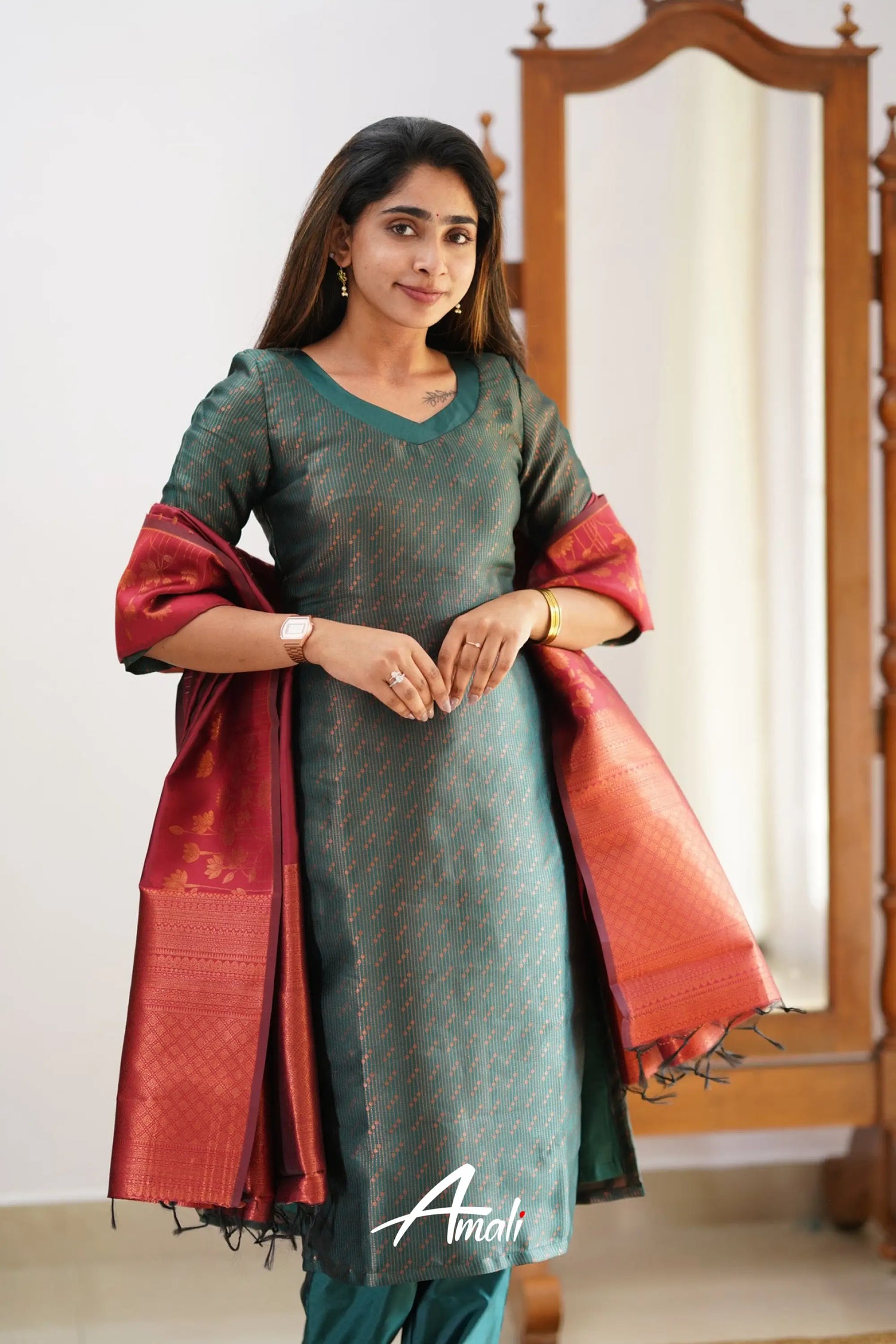 Saara - Dark Green And Maroon Semi Kanchipuram Silk Salwar Salwar