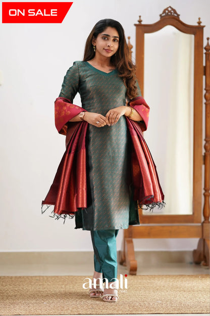 Saara - Dark Green And Maroon Semi Kanchipuram Silk Salwar Salwar