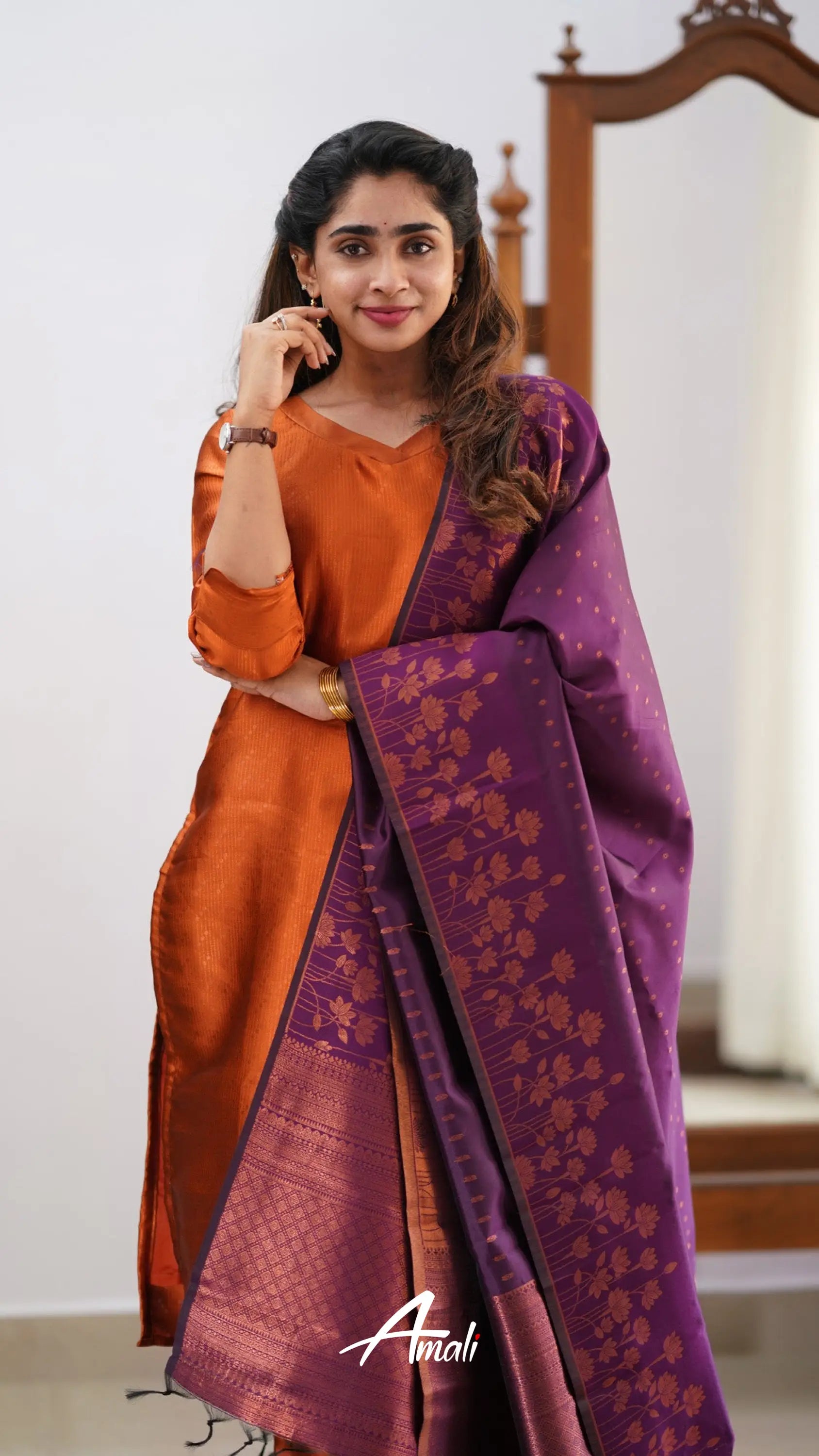 Saara - Dark Orange And Purple Semi Kanchipuram Silk Salwar Salwar