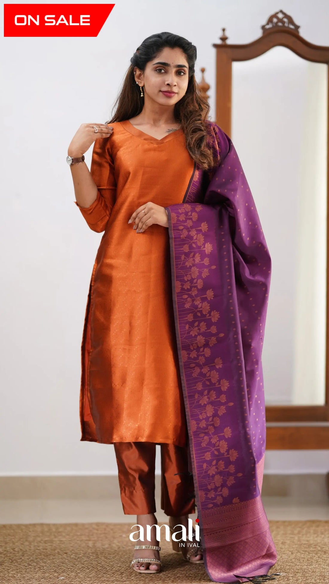 Saara - Dark Orange And Purple Semi Kanchipuram Silk Salwar Salwar