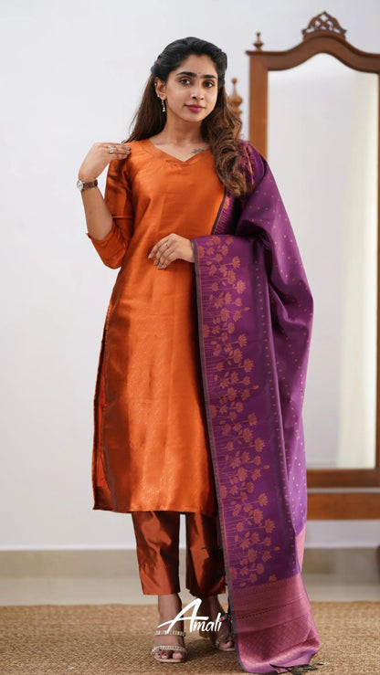 Saara - Dark Orange And Purple Semi Kanchipuram Silk Salwar Salwar