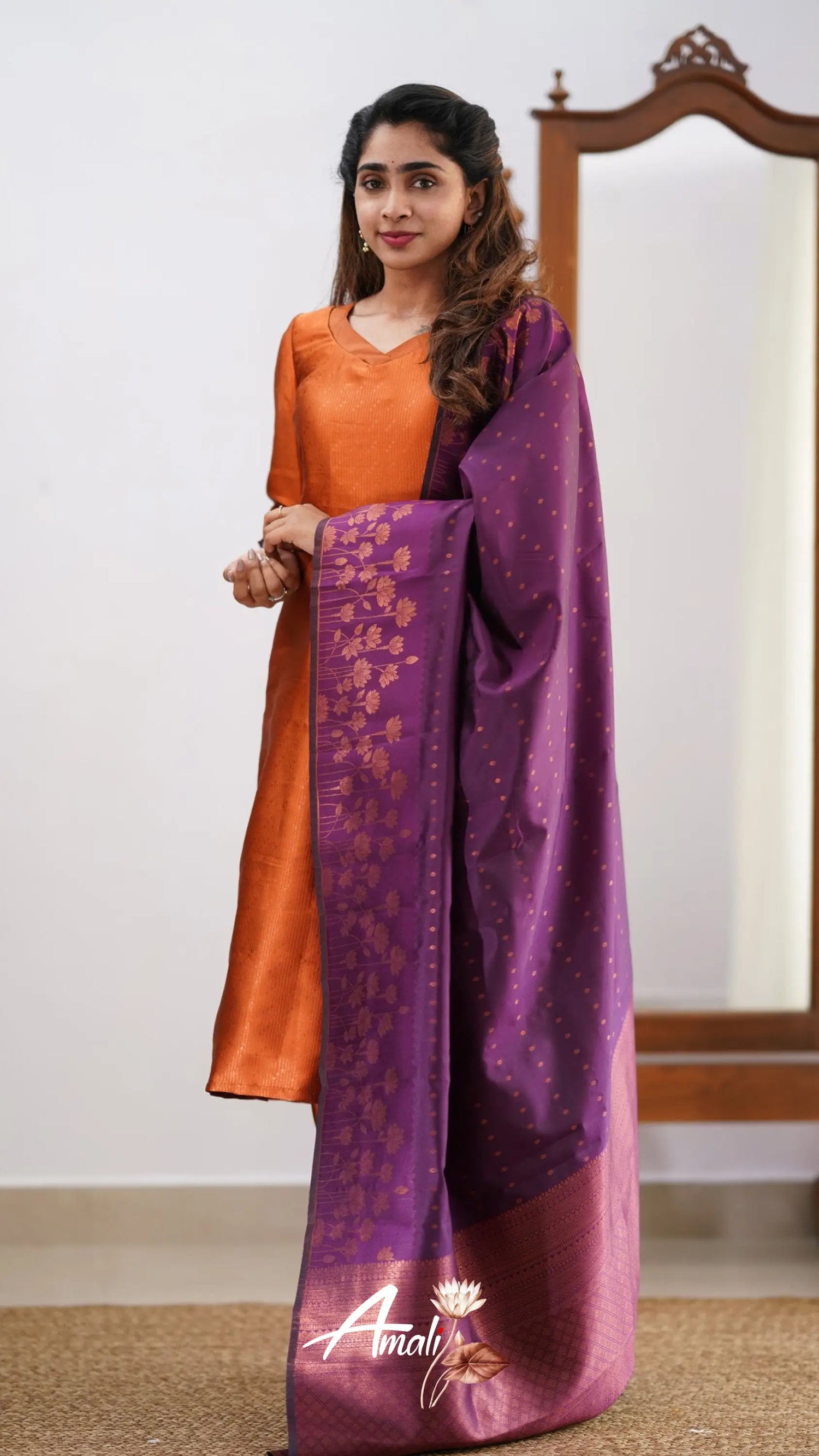 Saara - Dark Orange And Purple Semi Kanchipuram Silk Salwar Salwar