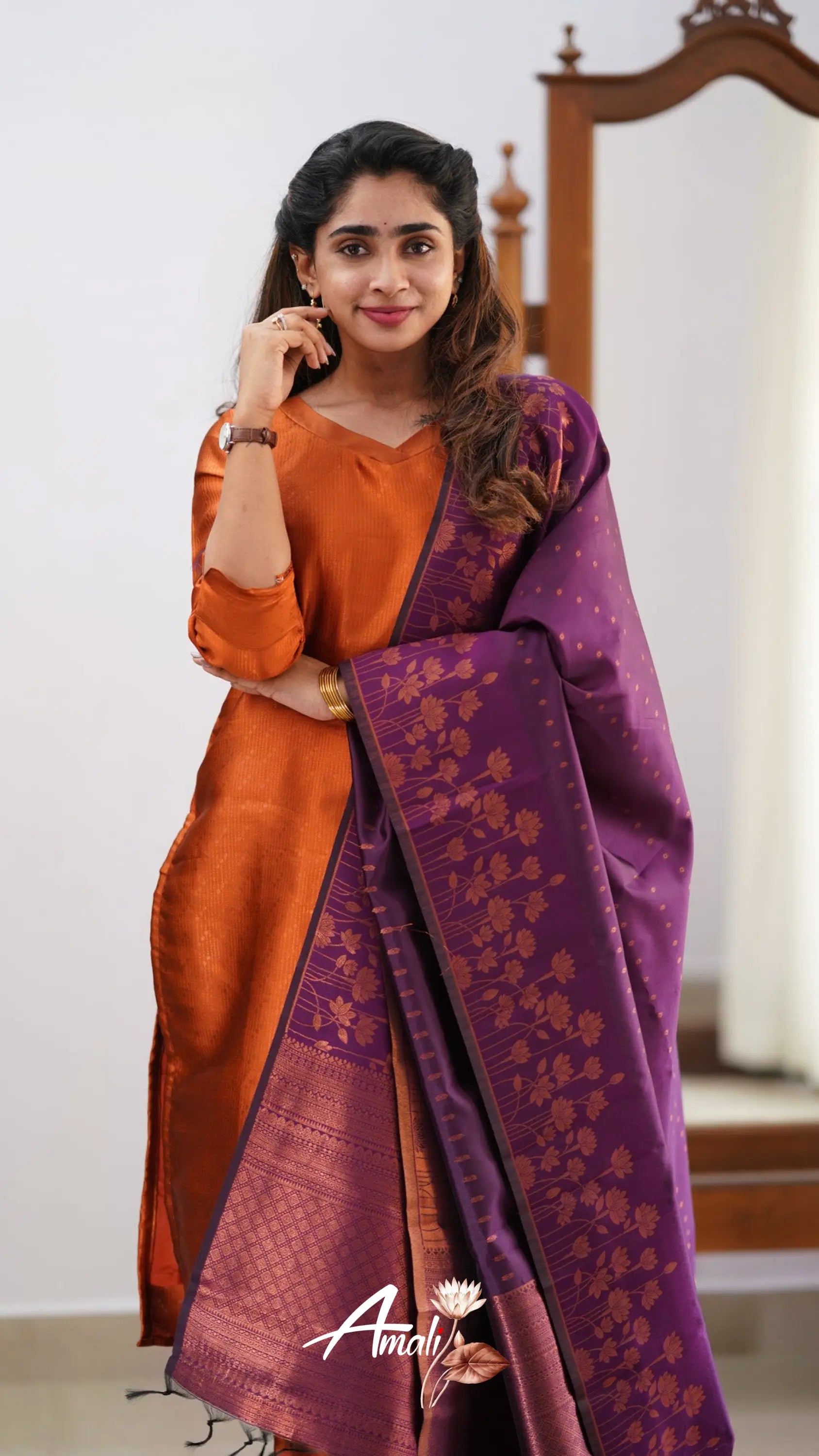 Saara - Dark Orange And Purple Semi Kanchipuram Silk Salwar Salwar