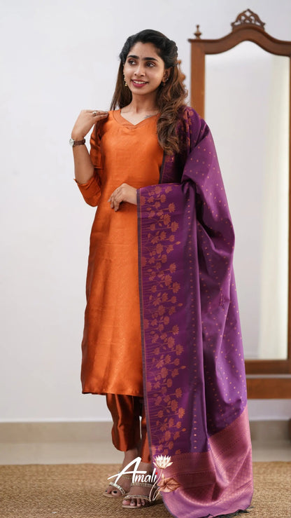 Saara - Dark Orange And Purple Semi Kanchipuram Silk Salwar Salwar