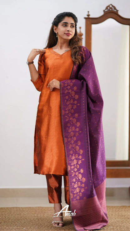 Saara - Dark Orange And Purple Semi Kanchipuram Silk Salwar Salwar