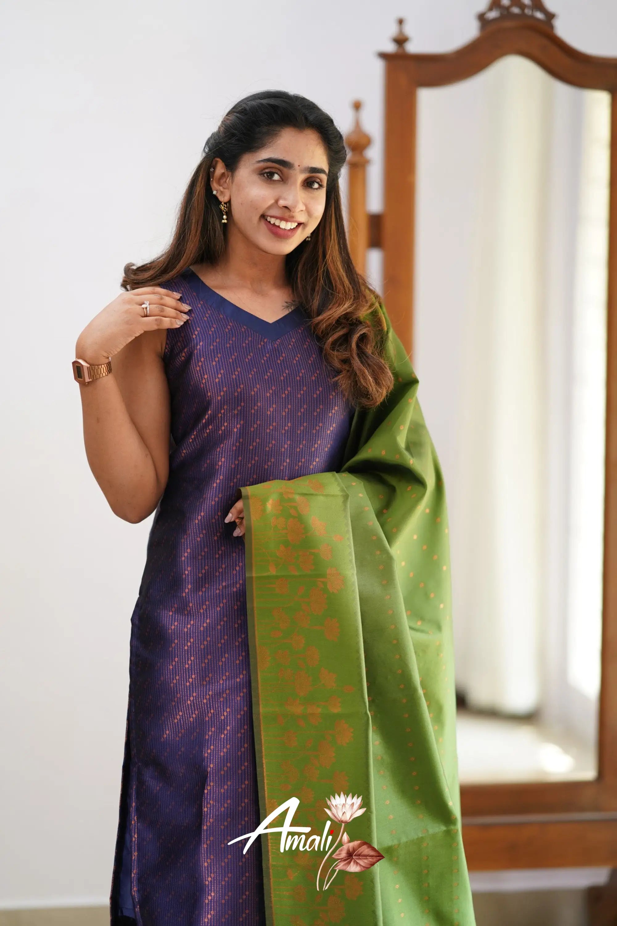 Saara - Dark Purplish Blue And Light Green Semi Kanchipuram Silk Salwar Salwar