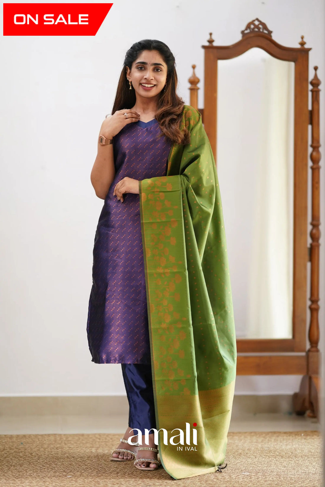 Saara - Dark Purplish Blue And Light Green Semi Kanchipuram Silk Salwar Salwar