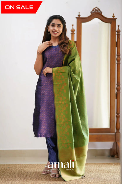 Saara - Dark Purplish Blue And Light Green Semi Kanchipuram Silk Salwar Salwar