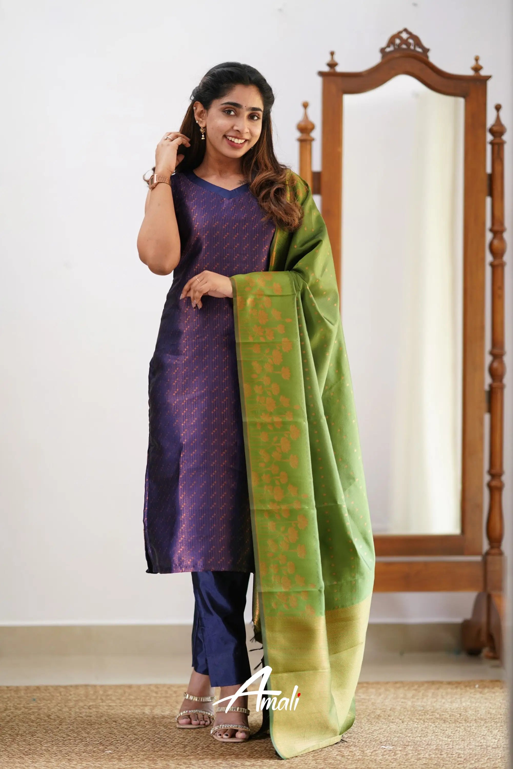 Saara - Dark Purplish Blue And Light Green Semi Kanchipuram Silk Salwar Salwar