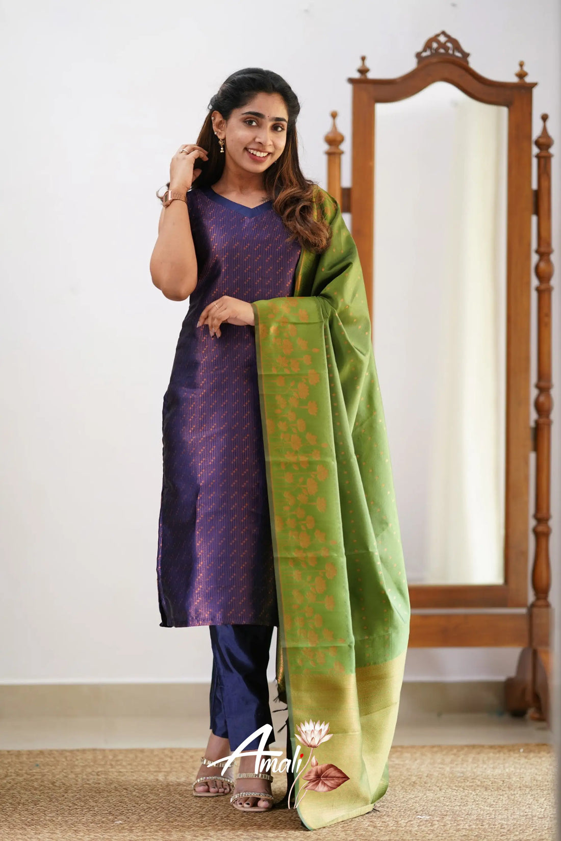 Saara - Dark Purplish Blue And Light Green Semi Kanchipuram Silk Salwar Salwar