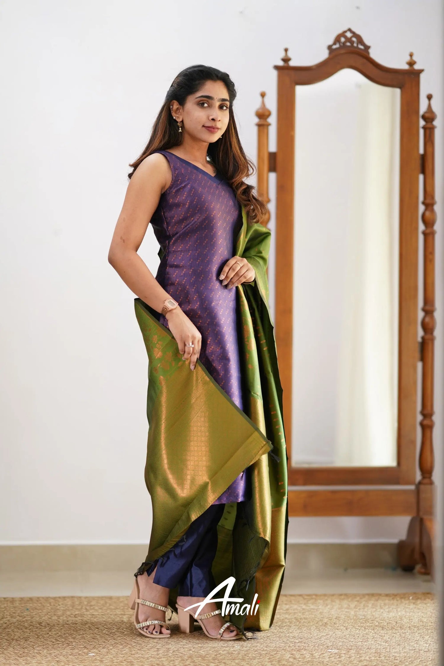 Saara - Dark Purplish Blue And Light Green Semi Kanchipuram Silk Salwar Salwar