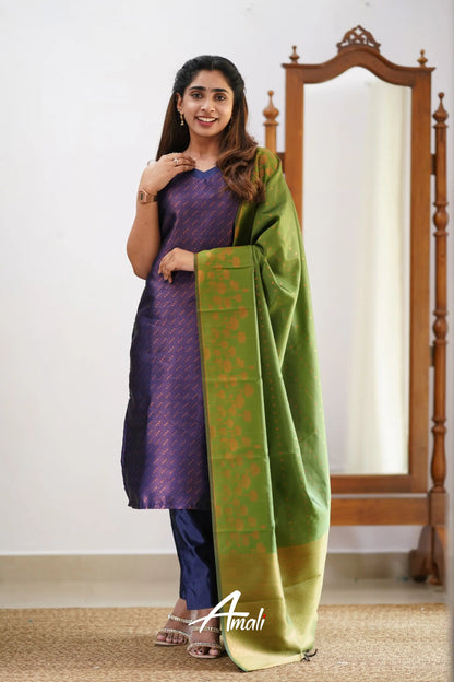 Saara - Dark Purplish Blue And Light Green Semi Kanchipuram Silk Salwar Salwar